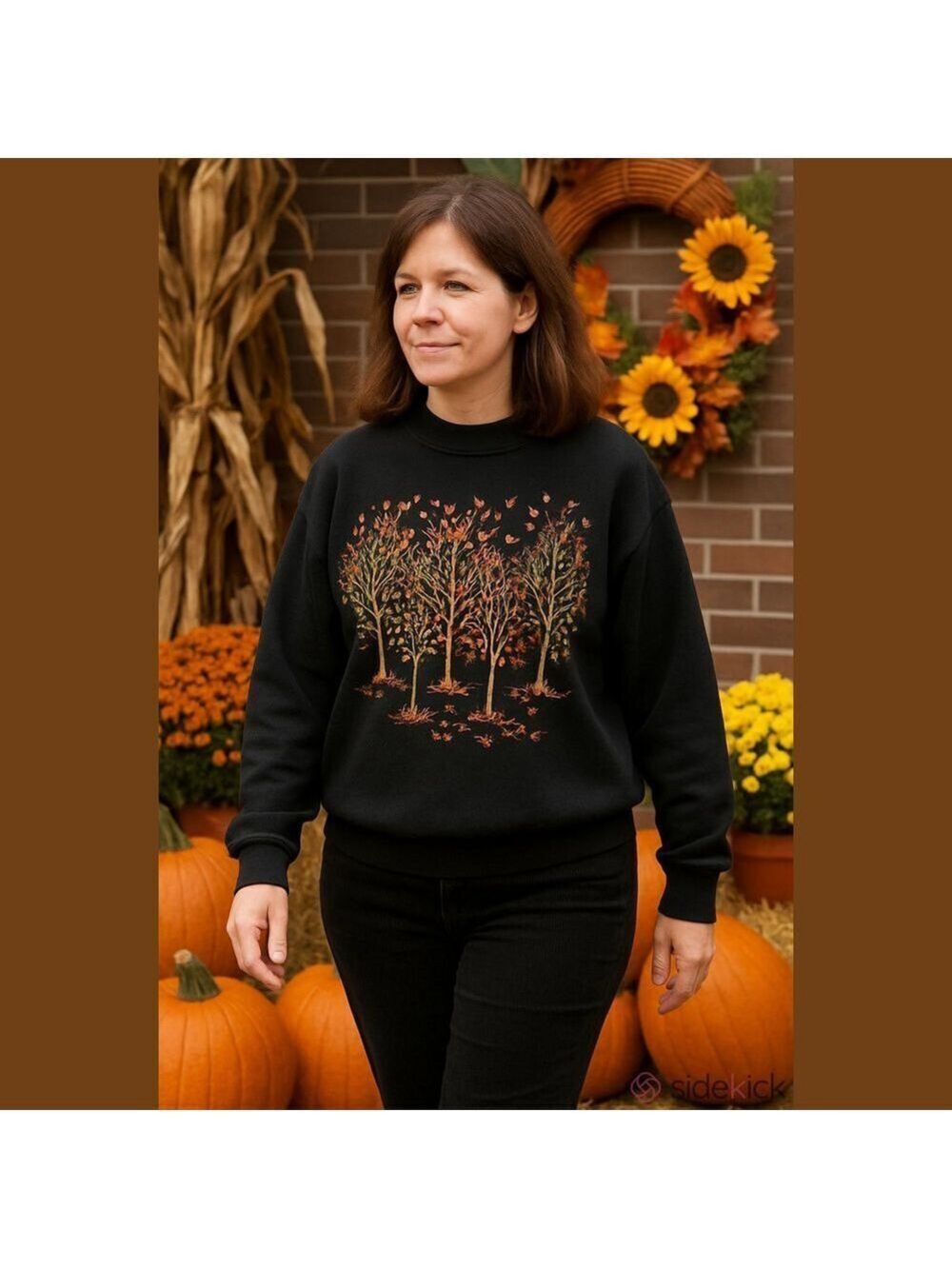 90s MORNING SUN JERZEES BLACK COTTON SWEATSHIRT W AUTUMN TREES BY FORRER SZ L